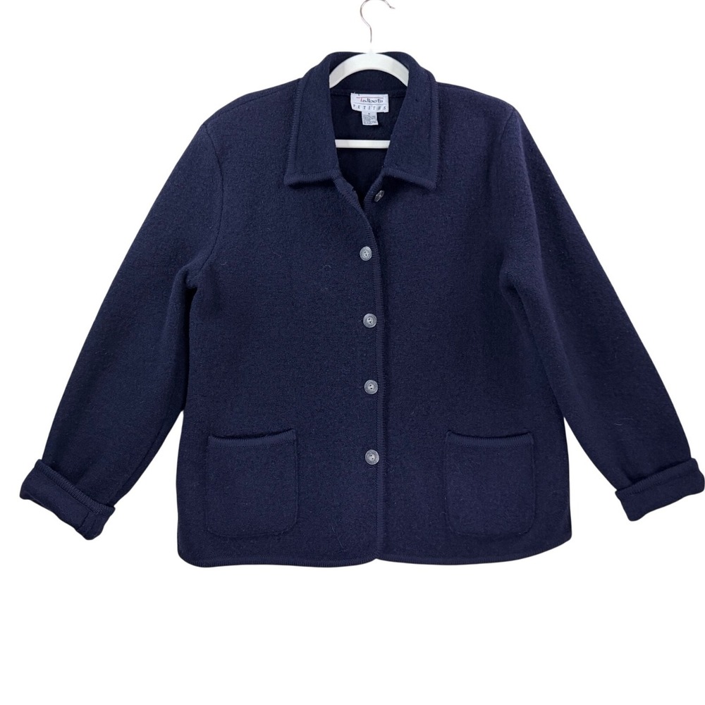 Talbots Jacket Women PM Navy Blue 100% Wool Button Up Lightweight Petite Medium